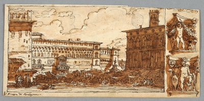 Skissebokside, Folio 57: Studie etter Piazza Emmanuelle i Bologna; Verso, arkitektonisk detalj av Felice Giani
