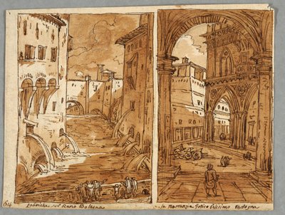 Skissebokside, Folio 64: Studie etter Bolognesisk arkitektur og skulptur; Verso: Geometriske design av Felice Giani
