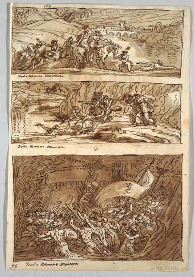 Skissebokside, Folio 95: Tre malerier etter Giulio Romano; Verso: Løve og ørn av Felice Giani