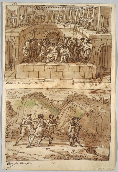 Skissebokside, Folio 98: To malerier etter Caravaggio og Raphael; Verso: Ørn og okse av Felice Giani
