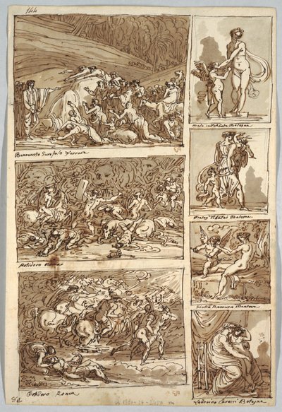 Skissebokside: Studier etter malerier i Ferrara, Roma, Bologna, Mantua etter kunstnerne Tibaldi, Raphael, Andrea del Sarto og Polidoro; Verso: Fugleskjelett og hestehode av Felice Giani