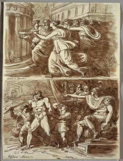 Vestal Tuccia bærer vann i sil; To studier etter Polidoro da Caravaggio av Felice Giani