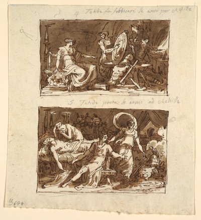 Thetis i verkstedet til Hefaistos; Thetis viser rustningen til Achilles: To design for takpaneler i Galeria d