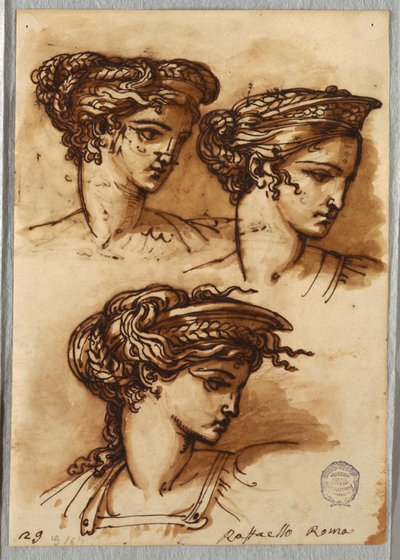 Tre studier av et hode med diadem og flettet hår, etter Raphael av Felice Giani