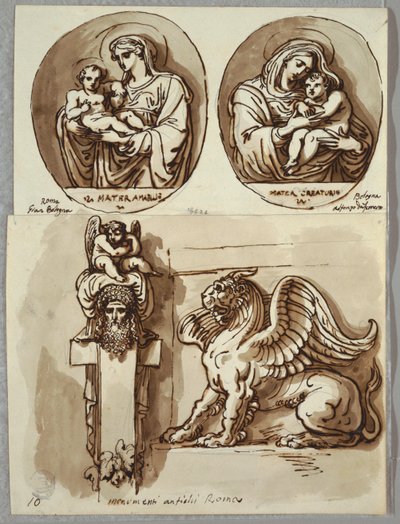To tegninger av Madonna og barnet i ovaler, studier etter Giambologna og Alfonzo da Ferrero; Herm og Chimera, etter antikk av Felice Giani
