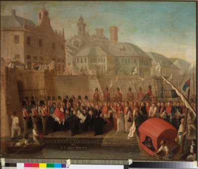 Besøk til frihavnen i Genova av H.S. Pave Pius VII, ca. 1818 (olje på lerret) av Felice Guascone