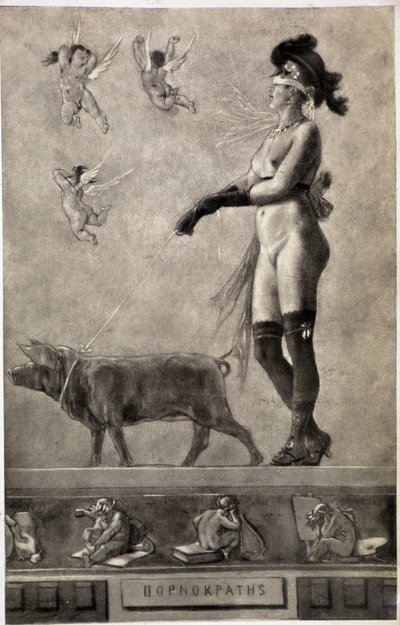 Pornokrates (Naken kvinne, strimler av øynene, omgitt av engler og holder en gris i bånd) - tegning av Felicien Rops (1833-1898) av Félicien Rops