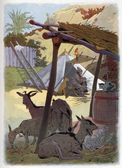 Robinson Crusoe hjemme med dyrene sine. av Felicien baron de Myrbach Rheinfeld