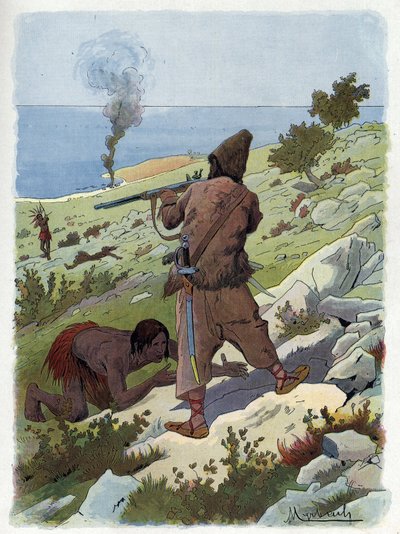 Robinson Crusoe dreper villmennene som jager fredag. av Felicien baron de Myrbach Rheinfeld