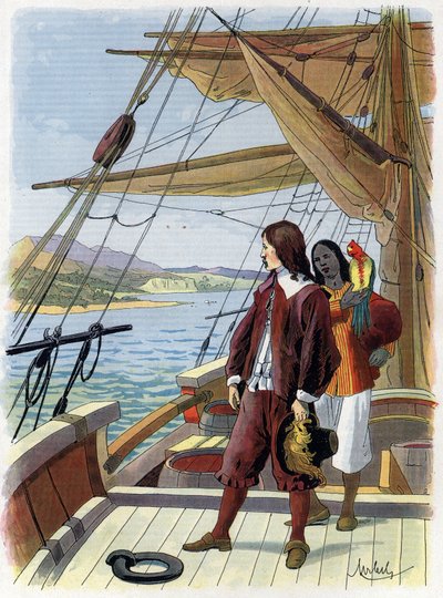 Robinson Crusoe leaves his island - Illustration by Felician MYRBACH MYRBACH RHEINFELD (1853-1940) For the Book of Daniel Defoe (De foe) Robinson Crusoe. No Date. About 1934 av Felicien baron de Myrbach Rheinfeld
