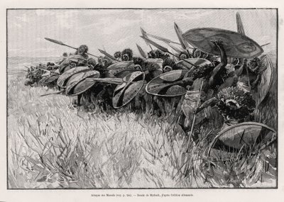 Massais-angrepet. Gravering av Myrbach for å illustrere historien "" Au secours d