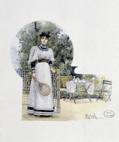 Ung kvinne på en tennisbane - gravering, sent på 1800-tallet av Felicien baron de Myrbach Rheinfeld