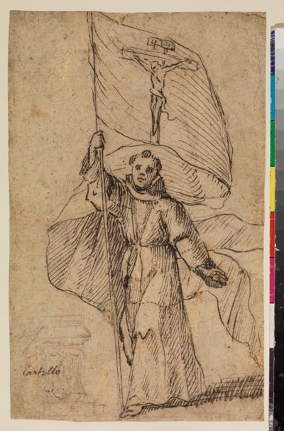 Franciscan monk holding a banner with the Crucifix   1409119   no       norwegian Successfully Translated  Original: Man op een schilderijenveiling At a sale of Pictures (title on object) Translat: Man op een schilderijenveiling At a sale of Pictures (titl av Felipe Gomez de Valencia