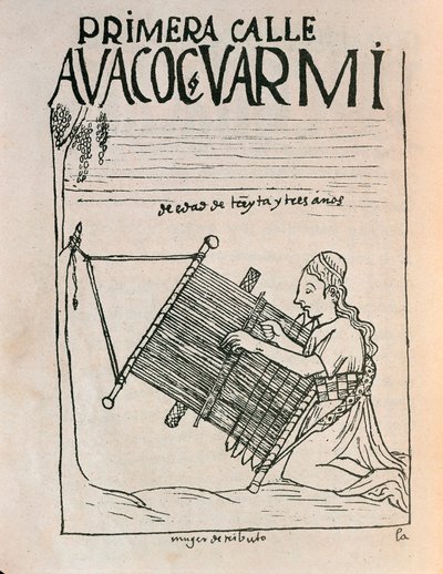 En kvinnelig vever som bruker en vevstol (blekktegning av Felipe Huaman Poma de Ayala