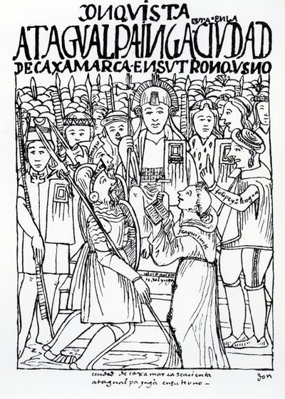 Diego de Almagro, Francisco Pizarro og Friar Vicente de Valverde kneler foran Atahualpa Inca ved Cajamarca av Felipe Huaman Poma de Ayala