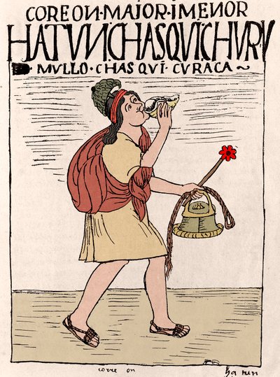 Inca Empire: The Chasquis (eller Chaskis), messenger-løper, med en qipi på ryggen og holder Quipu (Quipo, Quipou) ”” av Don Felipe Puma de Ayala i av Felipe Huaman Poma de Ayala