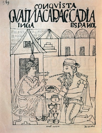 Inka fra Cuzco og engelsk conquistador mottar gaver i bytte mot inkakeiseren Atahualpas frihet (blekktegning av Felipe Huaman Poma de Ayala
