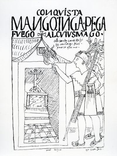 Manco Inca forsøker å brenne Inka-palasset til Cuyus Mango, som hadde blitt konvertert til kristen tilbedelse, men Gud griper inn (tresnitt) av Felipe Huaman Poma de Ayala