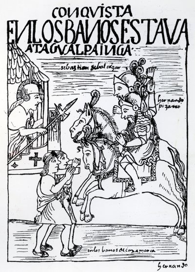 Sebastian de Benalcazar og Hernando Pizarro konfronterer Atahualpa Inca ved Royal Baths i Cajamarca (tresnitt) av Felipe Huaman Poma de Ayala