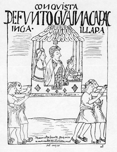 Liket av Huayana Capac blir fraktet fra Quito til Cuzco for begravelse av Felipe Huaman Poma de Ayala
