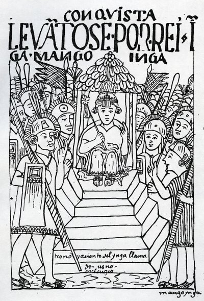 Den nykronede Manco Inca på tronen i Cuzco (tresnitt) av Felipe Huaman Poma de Ayala