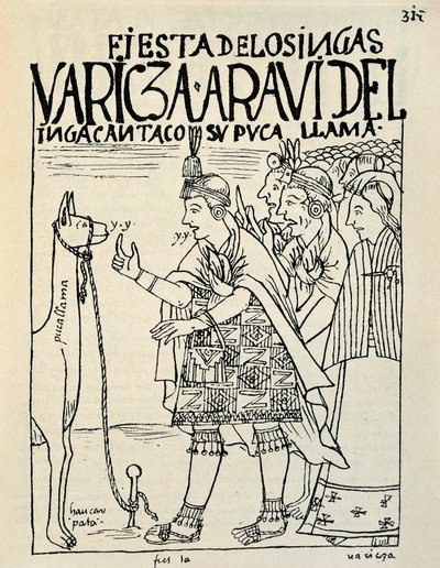 Ofringen av en lama i anledning en inkaritue (blekktegning, ca. 1587) av Felipe Huaman Poma de Ayala