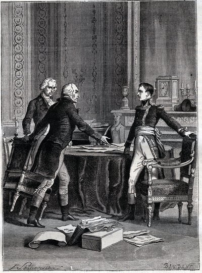 Første behandling av de tre konsulene i Peer-Luxembourg - Napoleon Bonaparte, Emmanuel Joseph Sieyes og Pierre Roger-Ducos 1799 - Gravering av Barbant, etter Philippoteaux - Første konsulat, 24. Frimaire VIII (15. desember 1799), første møte i første av Felix (after) Philippoteaux