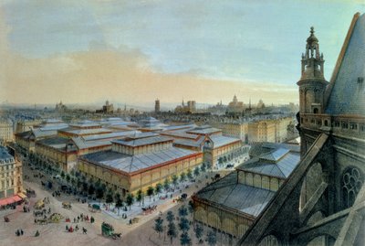 Utsikt over Les Halles i Paris tatt fra Saint Eustache øvre galleri, ca. 1870-80 av Felix Benoist