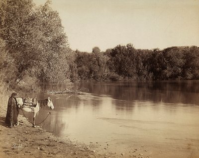 En mann i tradisjonell kjole med hesten sin, foran en innsjø i Egypt av Félix Bonfils