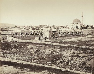 Panoramautsikt over et befolket område med en moske, i Israel av Félix Bonfils