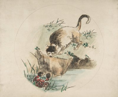 Dekorasjon for en tallerken: En katt som jakter på en krabbe, 1850-1914. av Felix Bracquemond