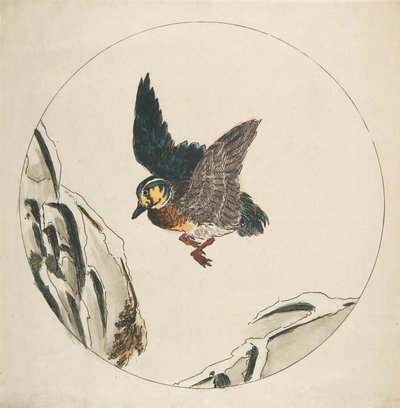 Dekorasjon for en tallerken: En and som flyr over snødekte grener, 1850-1914. av Felix Bracquemond