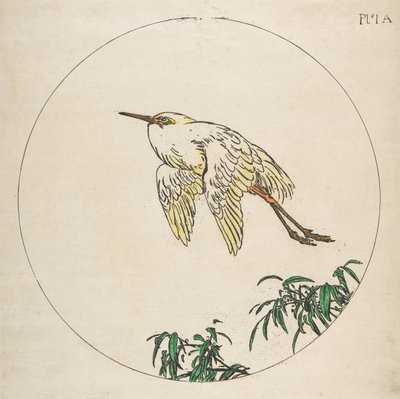 Dekorasjon for en tallerken: En egret som flyr over bambusgrener, 1850-1914. av Felix Bracquemond