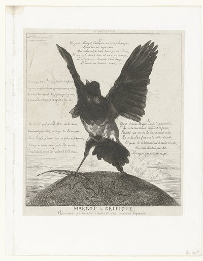 Magpie står med utstrakte vinger og fjærpenn i pote på en globus med kart over Paris Margot la Critique (tittel på objekt) La Piec av Felix Bracquemond