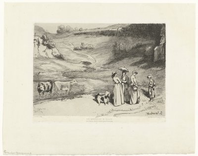 Unge kvinner gir gjeterinnen penger i kupert landskap Les demoiselles du villages (tittel på objekt) av Felix Bracquemond