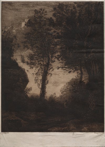 Landskap: Solnedgang, etter Corot, ca. 1858. av Felix Bracquemond