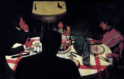 Middag, lampeeffekt. Representasjon av maleren omgir hans kone og vakre barn. Maleri av Felix Vallotton (1865-1925) Ec. Følg av Felix Edouard Vallotton