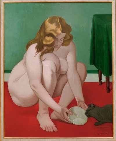 Hukende kvinne som tilbyr melk til en katt av Felix Edouard Vallotton