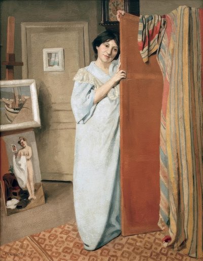 Verkstedinteriør med kunstnerens kone av Felix Edouard Vallotton