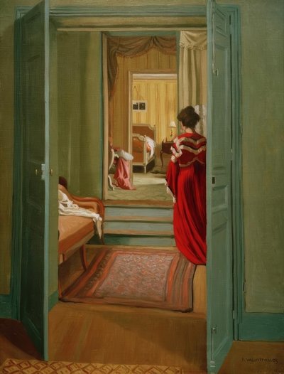 Interiør med kvinne i drouge bakfra av Felix Edouard Vallotton