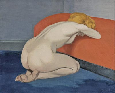 Naken kvinne kneler foran en rød sofa, 1915 av Felix Edouard Vallotton