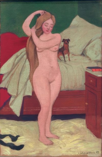Kvinnelig naken, gre, interiør av Felix Edouard Vallotton
