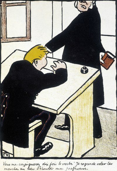 Du vil gifte meg ti ganger verbet jeg ser fly fluene i stedet for å lytte til læreren min" - "Den kristne skolen" av Félix Vallotton, i "" L
