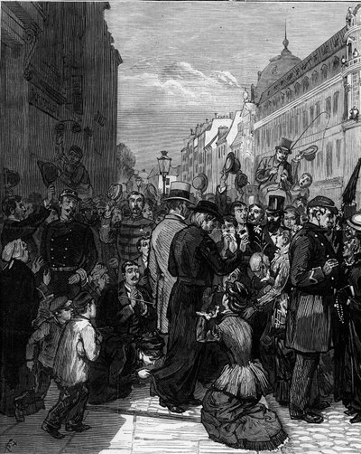 Deportasjon av jesuitene fra Rue de Sevres i Paris etter dekretene fra mars 1880 utstedt av Jules Ferry og fjerning av retten til å undervise medlemmer av uautoriserte religiøse menigheter: den parisiske befolkningen viser solidaritet med utkastelsen av Felix Elie Regamey