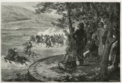 I løpet av djeriden begynte rytteren å holde en kort stokk som representerte både spydet og riflen; han forgrenet den over hodet før han kastet den, gravert av F.Regamey, for å illustrere historien Les Ansaries, av Leon Cahun, en misjonssjef av Felix Elie Regamey
