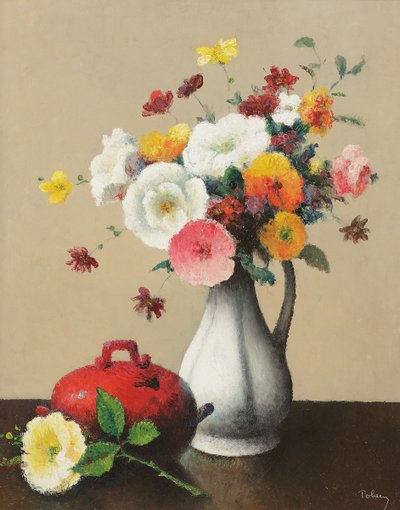 Hvit vase og rød boks (olje på lerret) av Felix Elie Tobeen