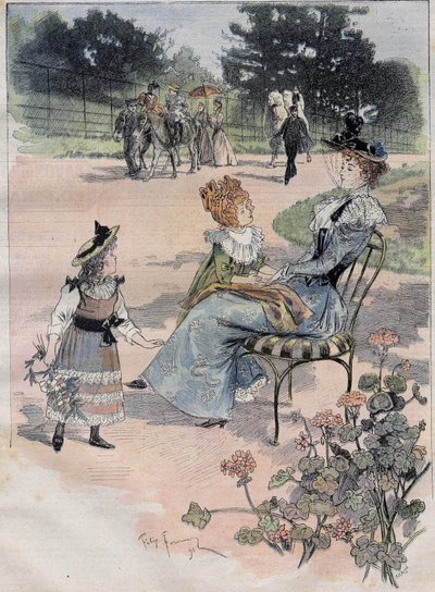 Barnas vandring til akklimatiseringshagen i Paris i 1892. Gravering av støperiakvarellen. av Felix Fournery