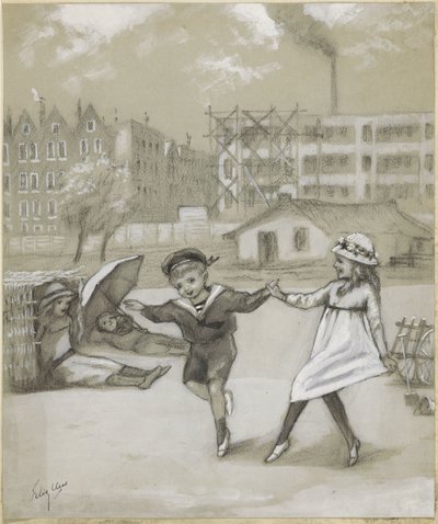 Dansende gutt og jente i en bypark eller lekeplass av Felix Hess (signed by artist)