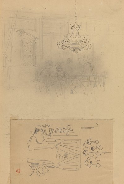 En samling i et interiør, en forhenget døråpning. av Felix Hilaire Buhot