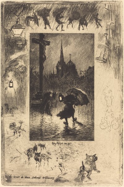 Lyden av to tresko som stokkes... av Felix Hilaire Buhot